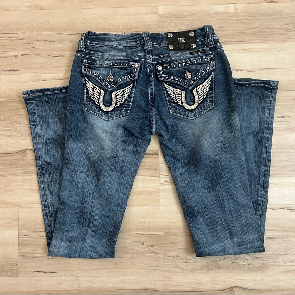 Miss Me Bootcut Jeans Size 28 Horseshoe Wings Rhinestone Back Pockets
